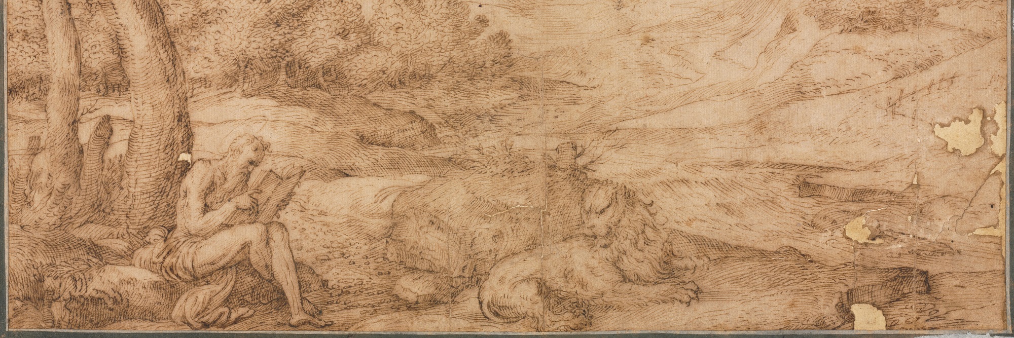 Campagnola, Domenico. Saint Jerome in a Landscape. 1530. Pen and brown ink. The Cleveland Museum of Art, The Charles W. Harkness Endowment Fund.