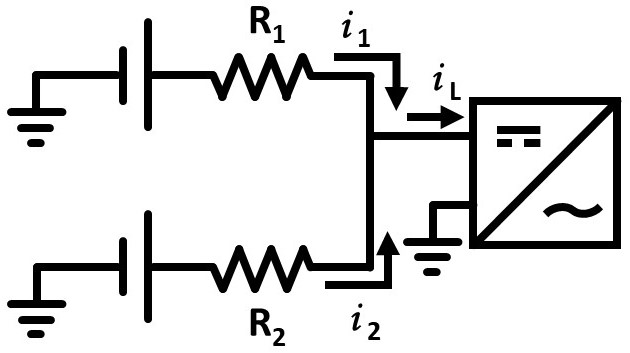 An electrical diagram of two batteries connected to an inverter