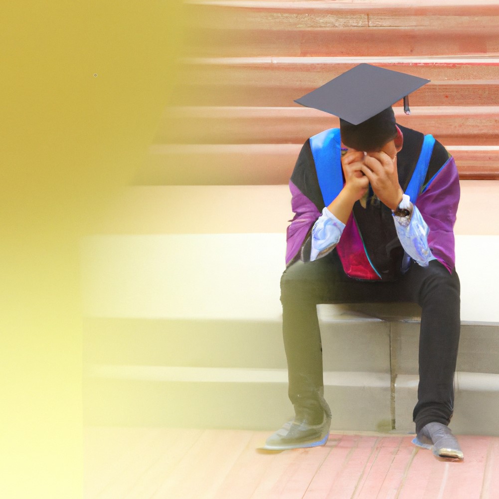 Graduate student sitting on steps holding their head in their hands