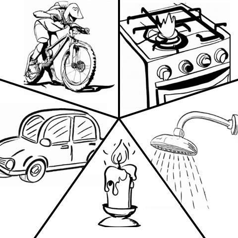 A mountain bike, a stove, a shower, a candle, and a car