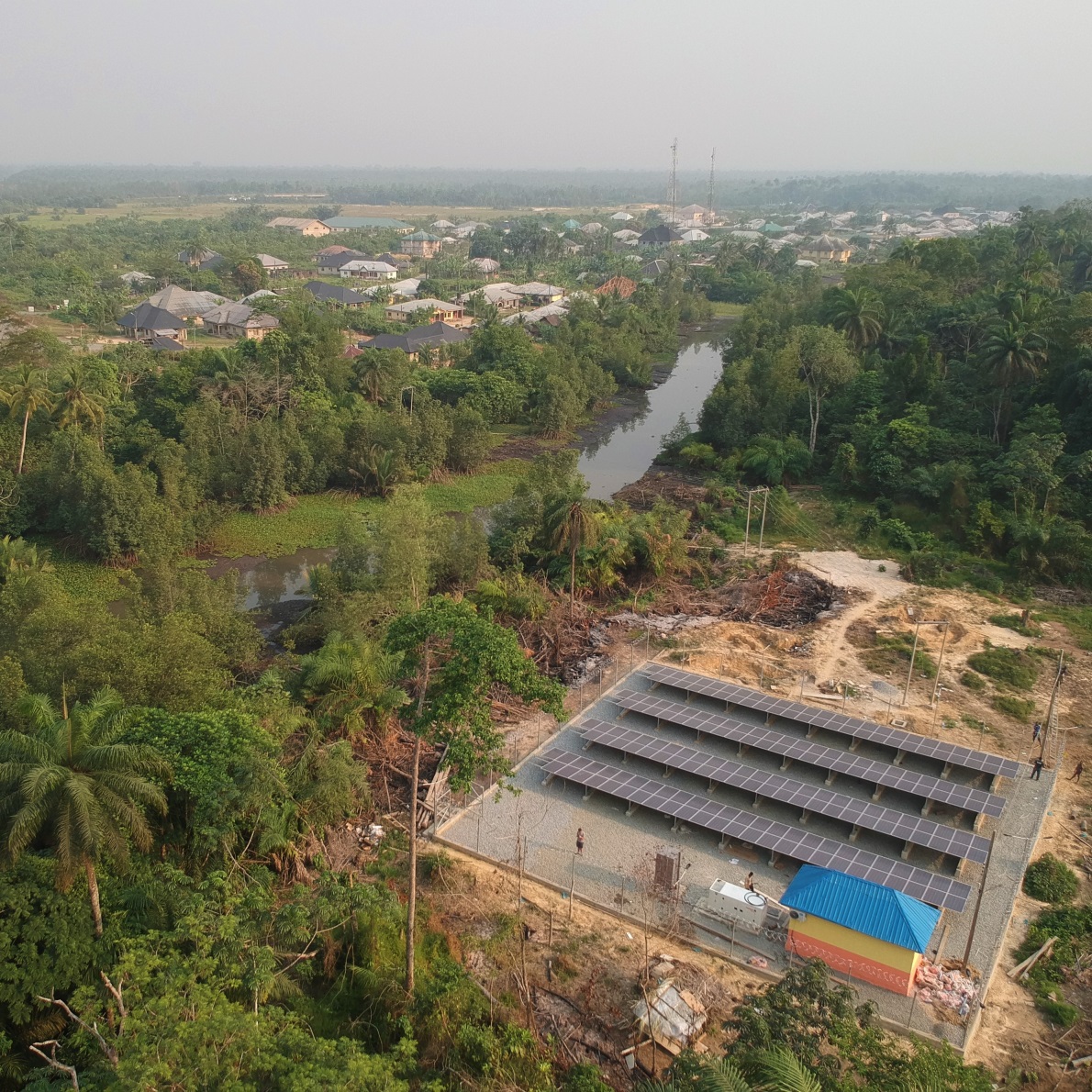 Drone photo of a small community mini-grid