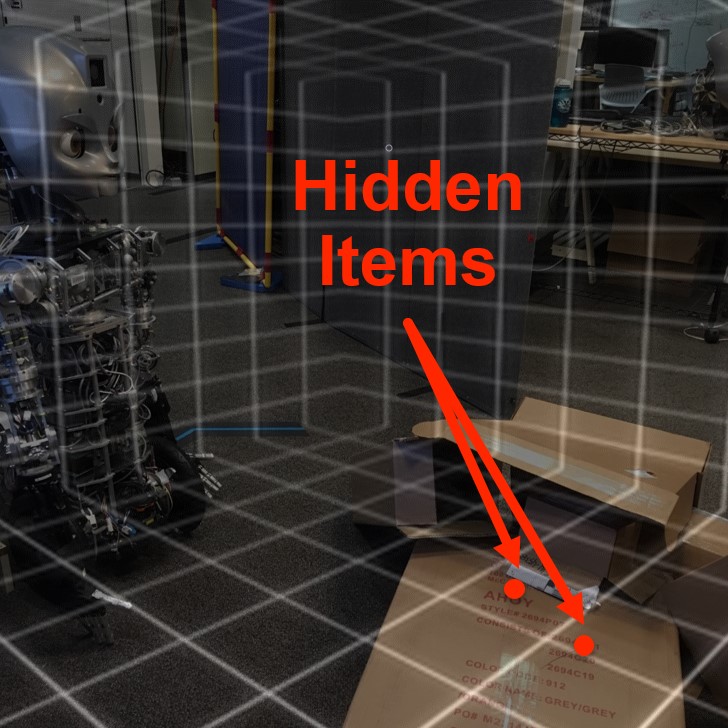 Messy room as seen by a computer vision system with 'Hidden Items' identified