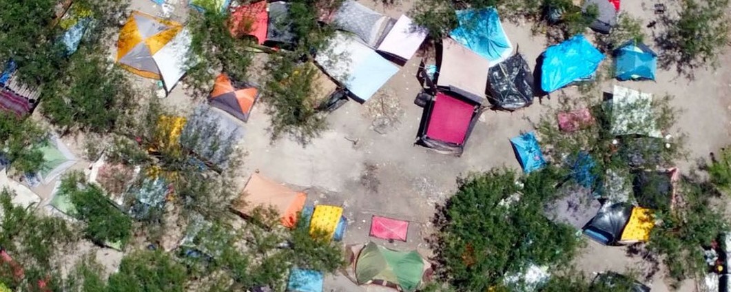 A drone photo of a refugee camp